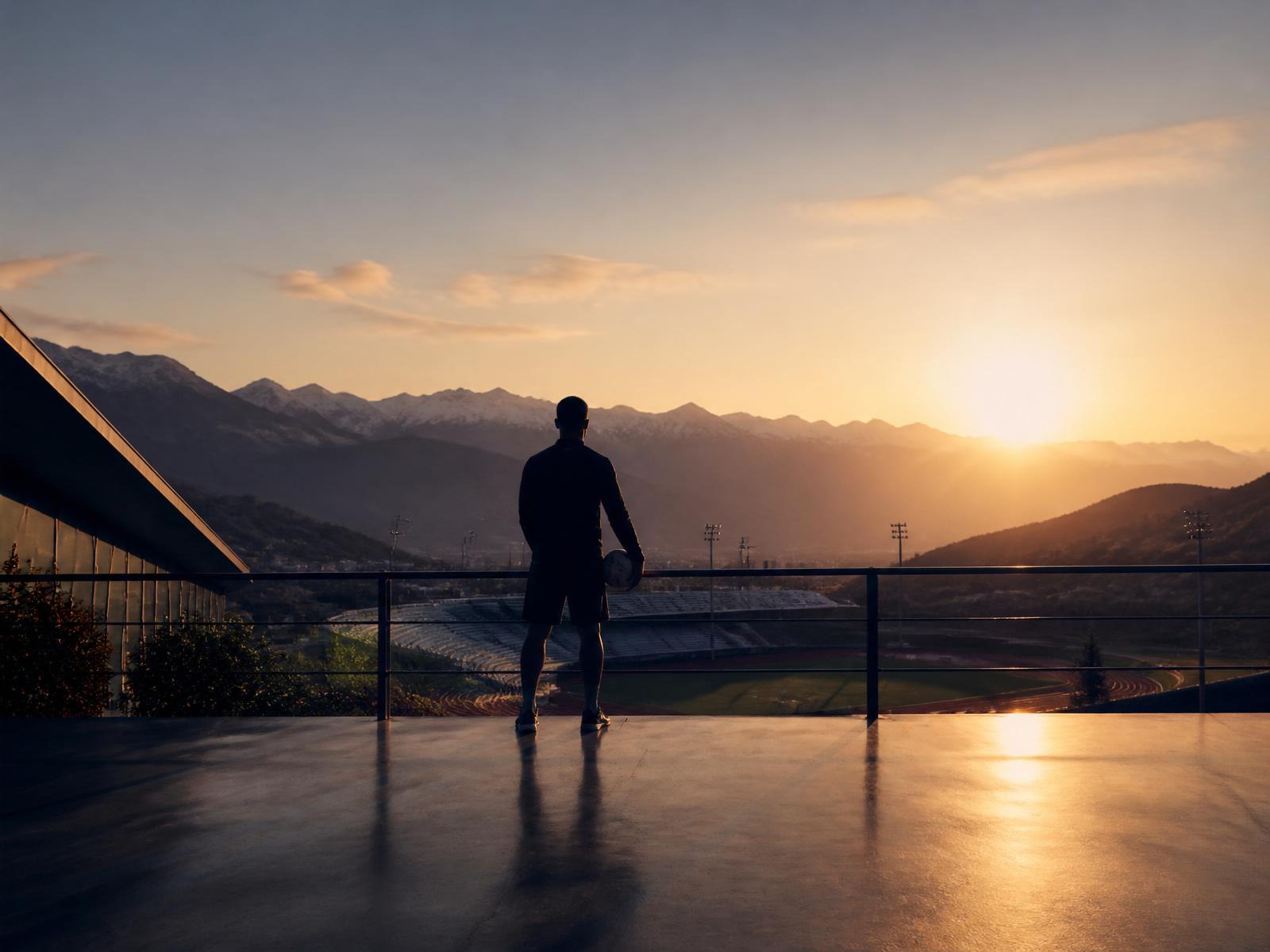 Complexe sportif moderne au lever du soleil