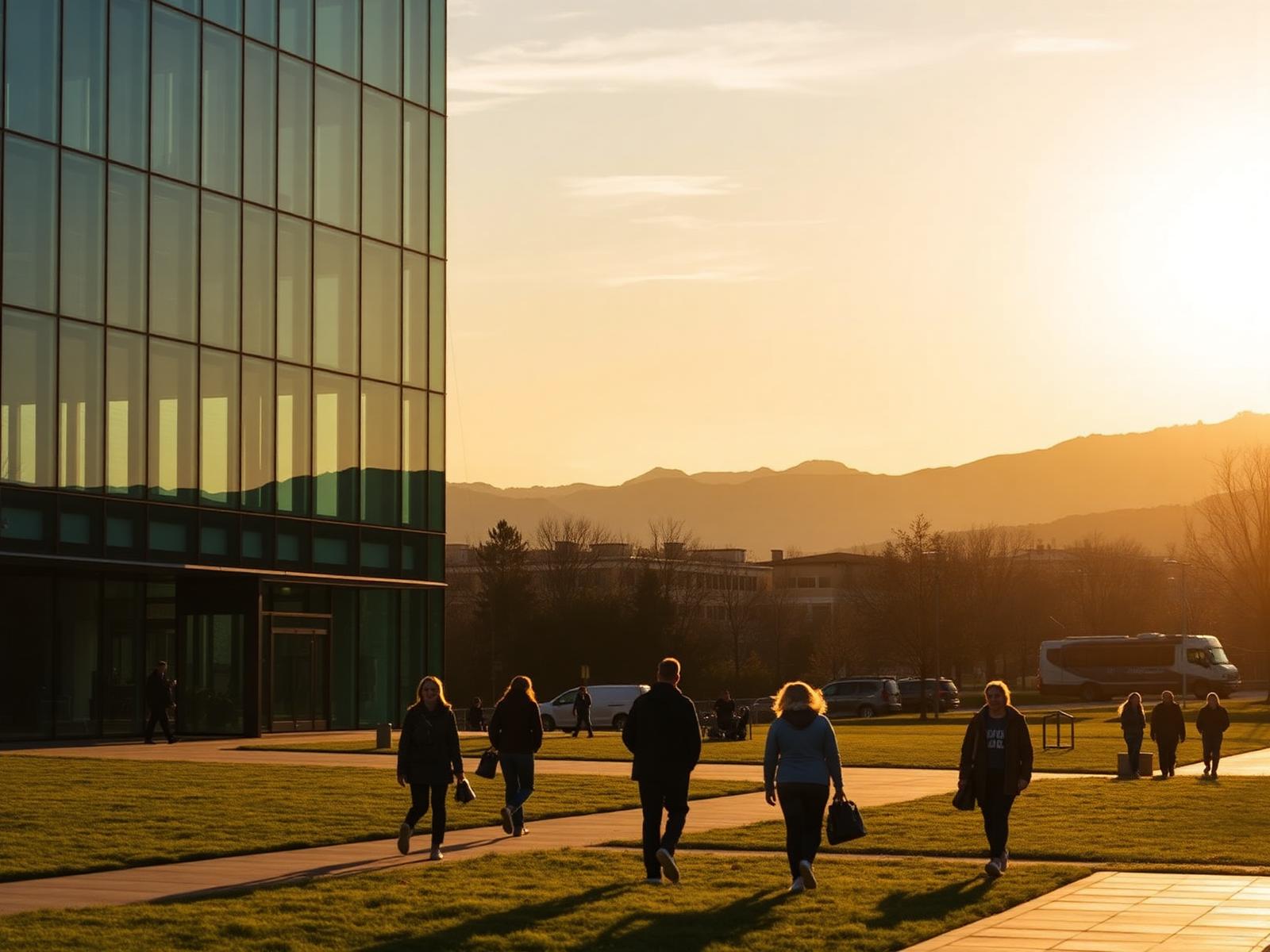 Campus universitaire au lever du soleil avec des montagnes à l'horizon